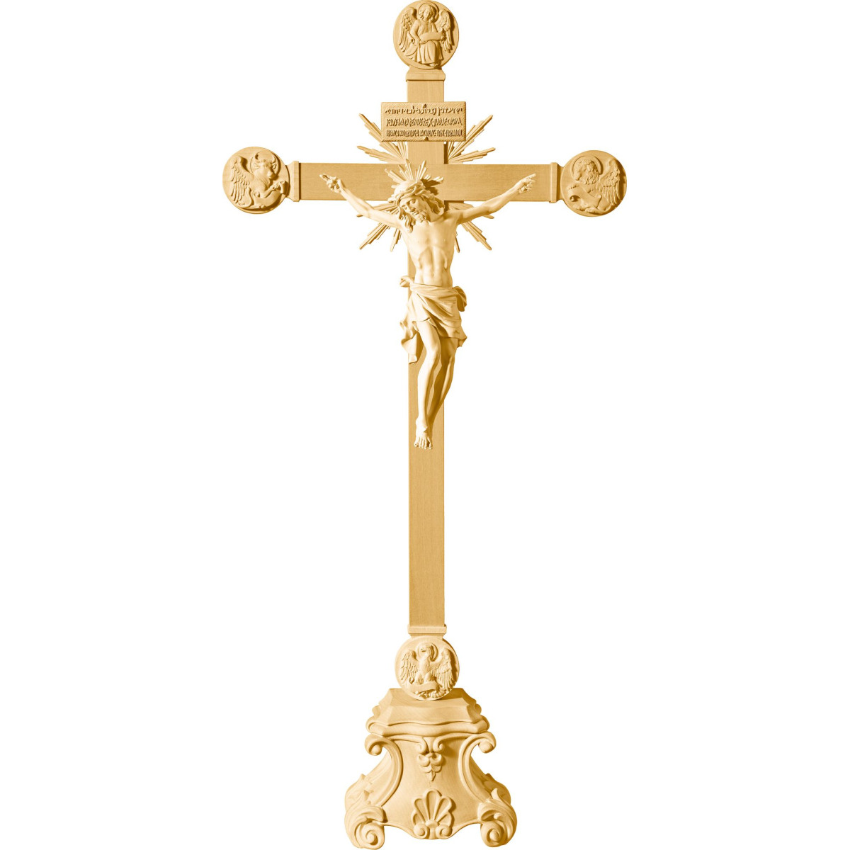 Cristo Pisa en Cruz con Evangelistas y rayos en peana con Titulus Crucis en hebreo - latín - griego